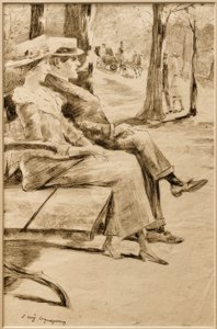 Dame en rokende heer op een bank in de dierentuin door Lesser Ury